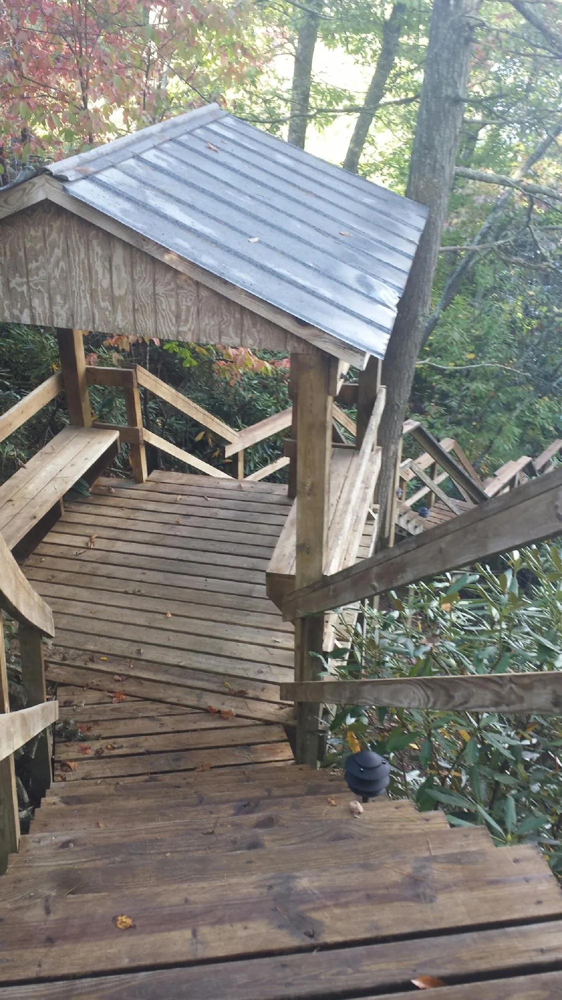 Metal roofed shelter over wooden steps on a wooded walkway — Skylight Repair & Installation work by our crew in Niota